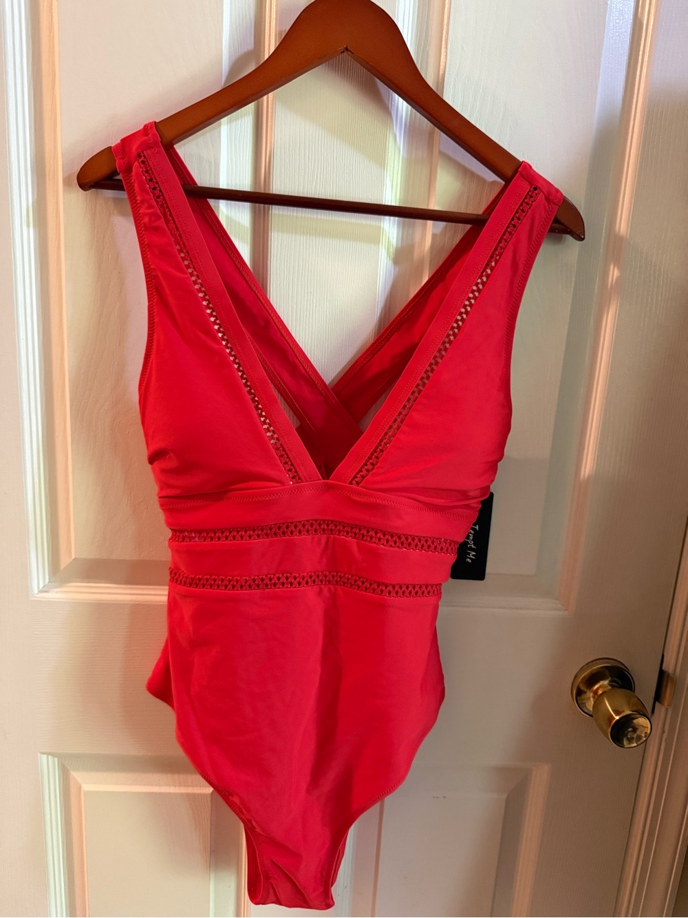 Mesh Hollow Out Backless Plunge Halter One Piece Swimsuit-Red
